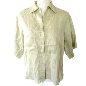 H&M Shirt Women's XS Linen Short Sleeve Button Up Camp Boxy Cut Oversized Celery